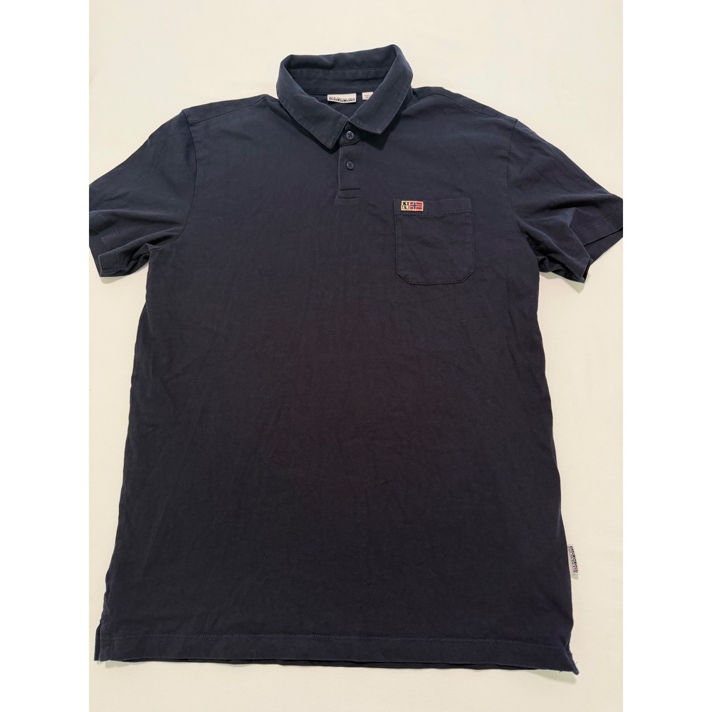 Napapijri Mens Navy Blue Short Sleeve Cotton Pocket Polo Shirt Size L Logo Patch